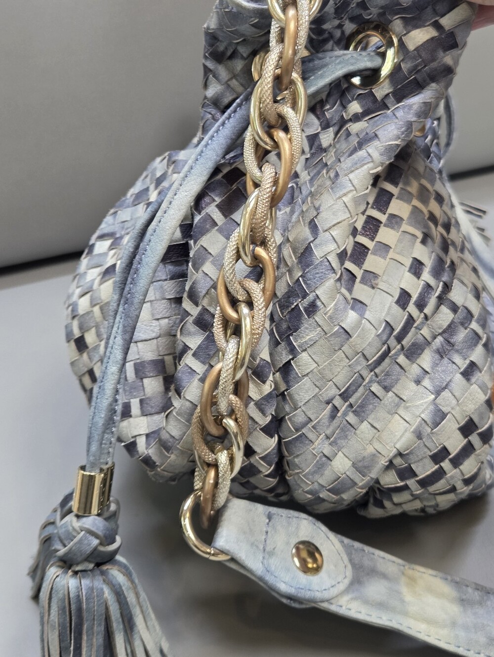 Elliott Lucca Blue tye dye Woven Leather Drawstring bucket hobo Shoulder Bag - Picture 3 of 13
